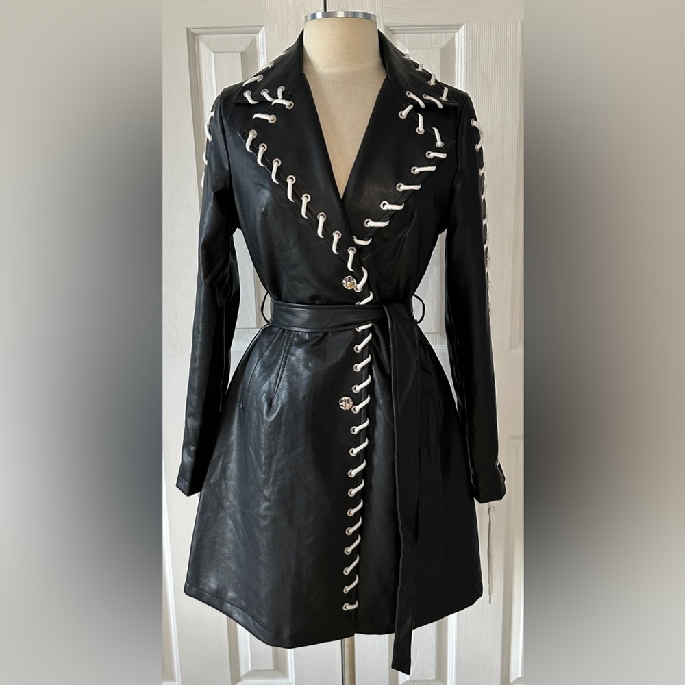 Azalea Wang Faux Leather Lace-Up Trench Coat Black White Size Large NWT